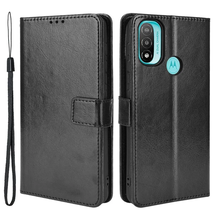 Flip Wallet Crazy Horse Texture PU Leather Stand Magnetic Protective Cover with Strap for Motorola Moto E20 - Black