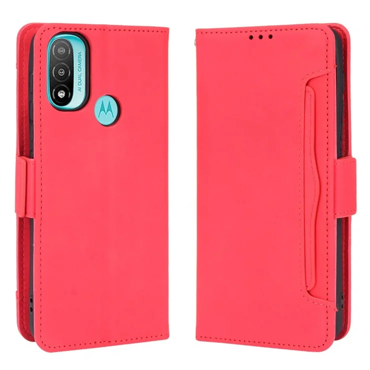 Scratch Resistant Flip Phone Case Multiple Card Slot Design PU Leather Wallet Cover Protector for Motorola Moto E20 - Red