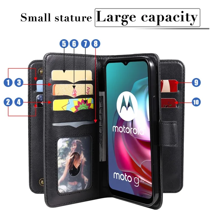 For Motorola Moto G10 / Moto G30 Leather Case with 10 Card Holder Phone Cover Stand - Dark Blue