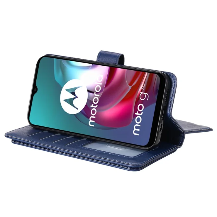 For Motorola Moto G10 / Moto G30 Leather Case with 10 Card Holder Phone Cover Stand - Dark Blue