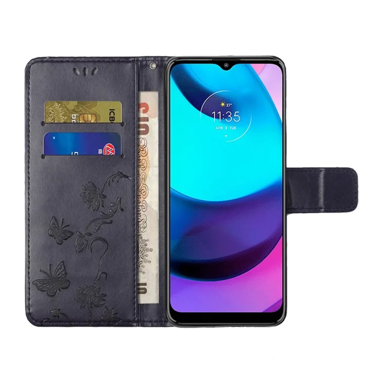 Fashionable Wallet Function Flip Imprinted Butterflies Flower PU Leather Scratch-resistant Phone Case Stand Shell for Motorola Moto E20 / E30 / E40 - Dark Purple