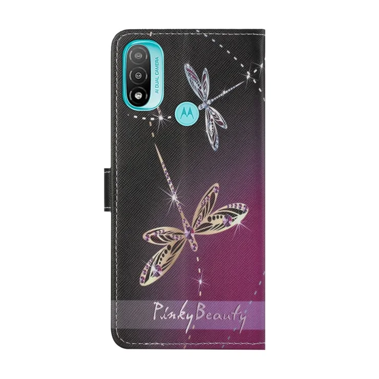 Cross Texture PU Leather Wallet Stand Case Pattern Printing Magnetic Flip Folio Cover with Strap for Motorola Moto E20 / Moto E30 / Moto E40 - Two Dragonflies