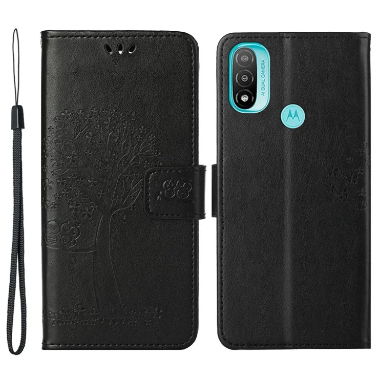 Mobile Phone Cover Stylish Owl Tree Pattern Imprinted Magnetic Clasp TPU and PU Leather Phone Case for Motorola Moto E20 / E30 / E40 - Black