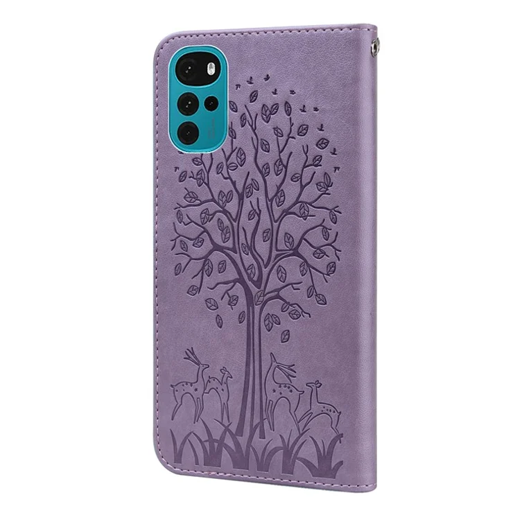 For Motorola Moto G22 / Moto E32s 4G Magnetic Closure Phone Case Imprinted Deer Tree Pattern Adjustable Stand Wallet PU Leather Cover - Purple