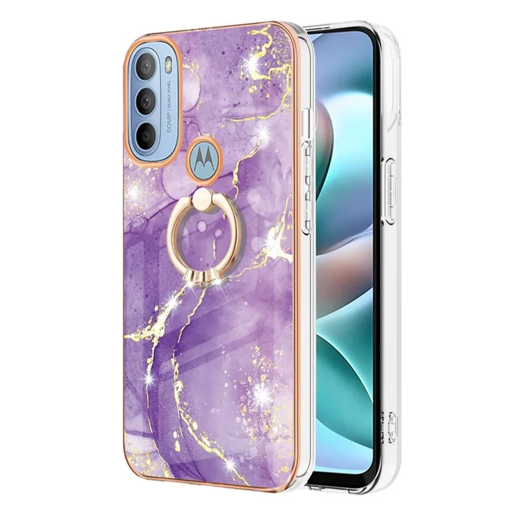 For Motorola Moto G31 / Moto G41 Case with Ring Kickstand Marble Pattern Electroplating TPU Back Cover - Purple 002