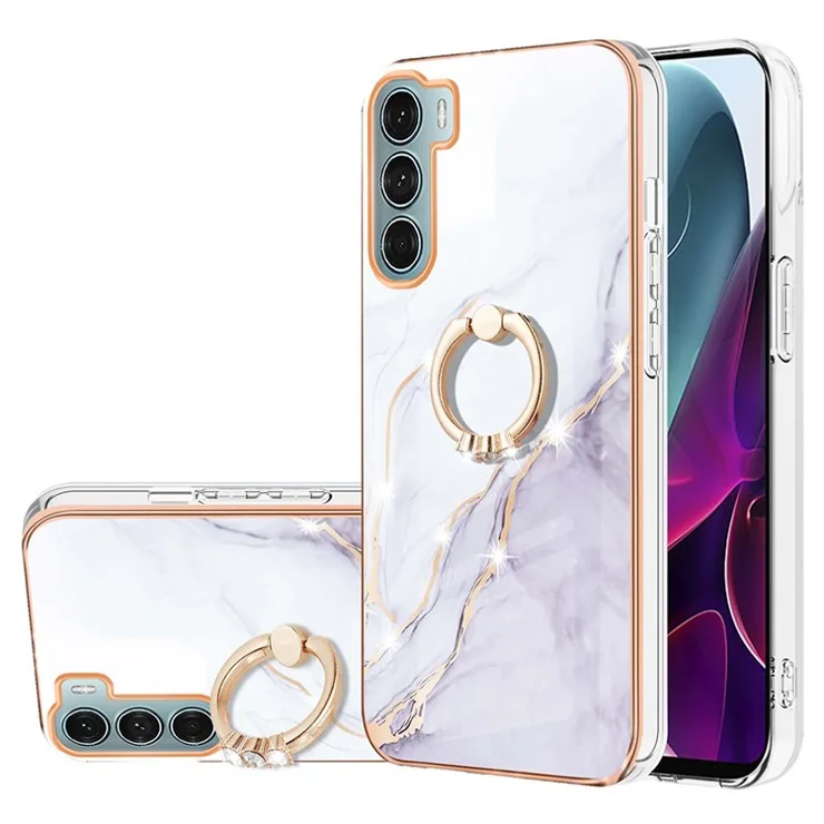 For Motorola Moto G200 5G Case with Ring Kickstand Marble Pattern Electroplating TPU Back Cover - White 006
