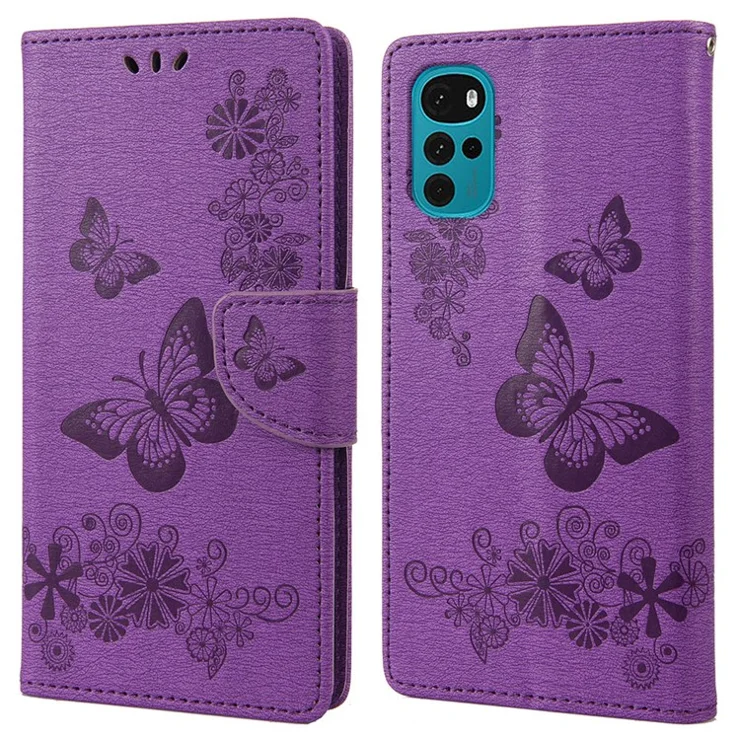 Butterfly Flower Imprinted Phone Case for Motorola Moto G22 Protective Folio Flip Cover Leather Phone Protector with Stand Wallet - Purple