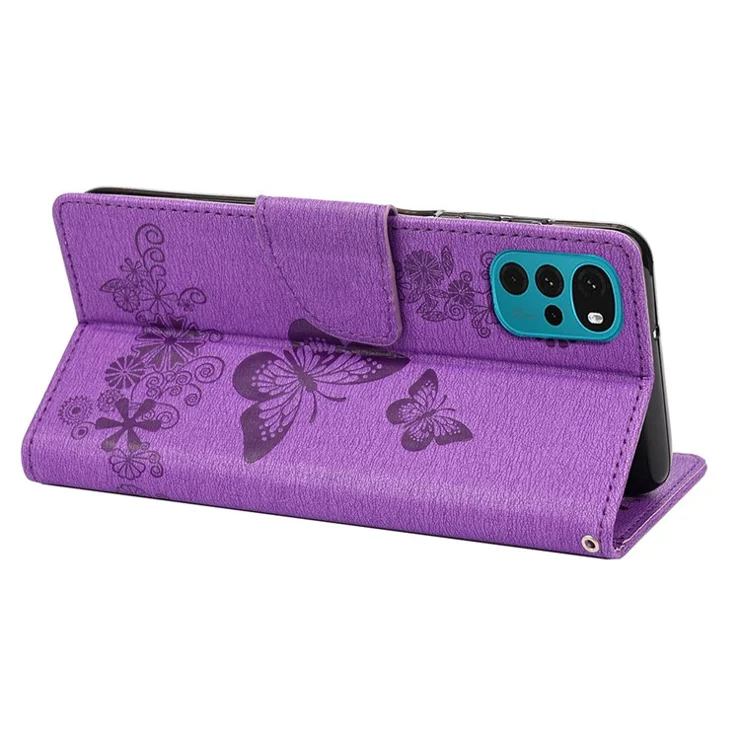 Butterfly Flower Imprinted Phone Case for Motorola Moto G22 Protective Folio Flip Cover Leather Phone Protector with Stand Wallet - Purple