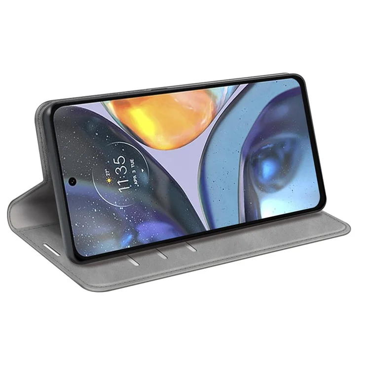 Silky-Touch Folio Flip Cover for Motorola Moto G22 Leather Phone Protective Case with Wallet Stand - Grey