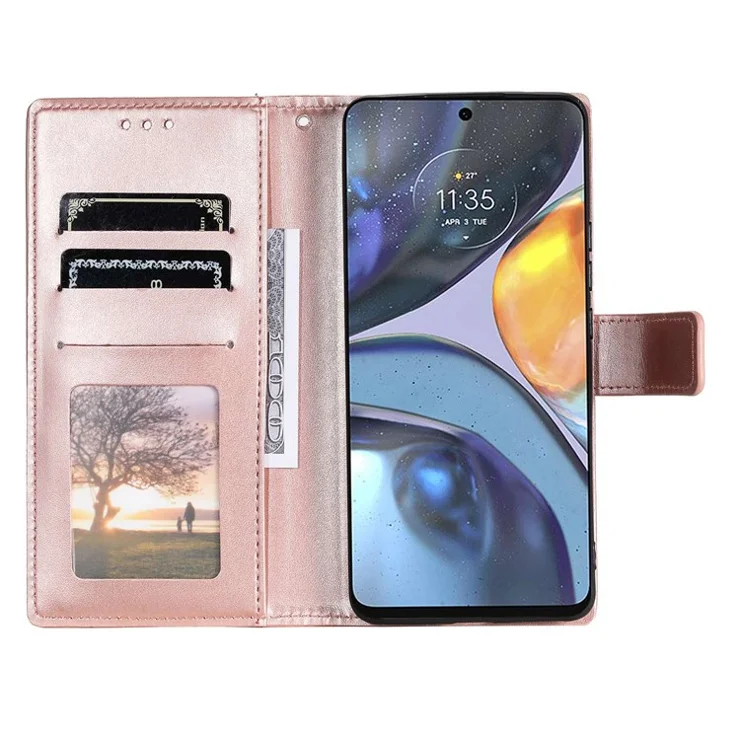 For Motorola Moto G22 Fully Wrapped PU Leather Phone Flip Cover, Wallet Stand Design Imprinted Mandala Flower Phone Case - Rose Gold