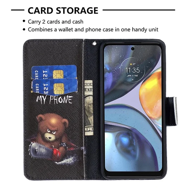 For Motorola Moto G22 Phone Case Pattern Printing PU Leather Wallet Stand Cover - Bear