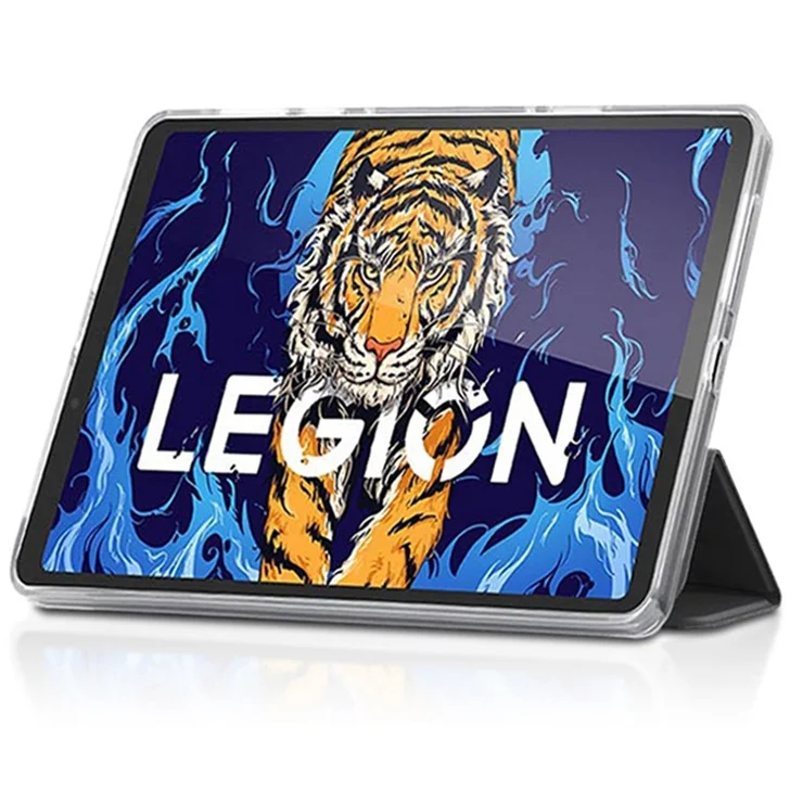 For Lenovo Legion Y700 Leather+TPU Tablet Case Tri-fold Stand Auto Wake/Sleep Clear Back Protective Cover - Grey