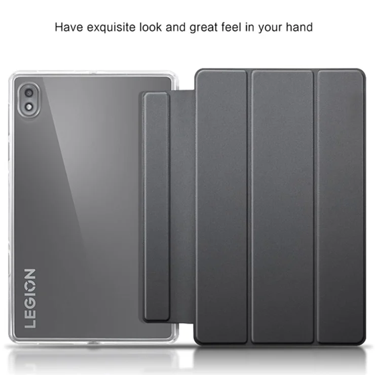 For Lenovo Legion Y700 Leather+TPU Tablet Case Tri-fold Stand Auto Wake/Sleep Clear Back Protective Cover - Grey