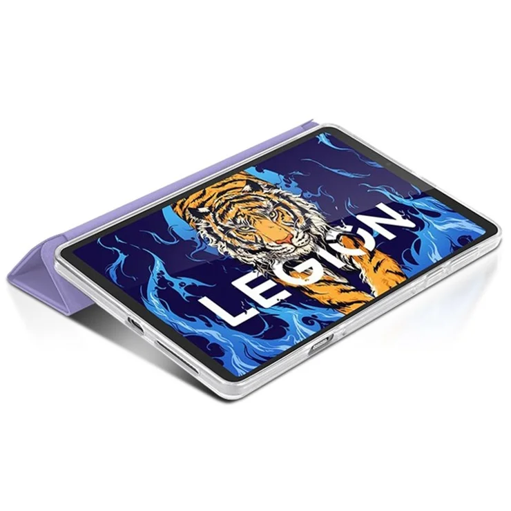 For Lenovo Legion Y700 Leather+TPU Tablet Case Tri-fold Stand Auto Wake/Sleep Clear Back Protective Cover - Purple