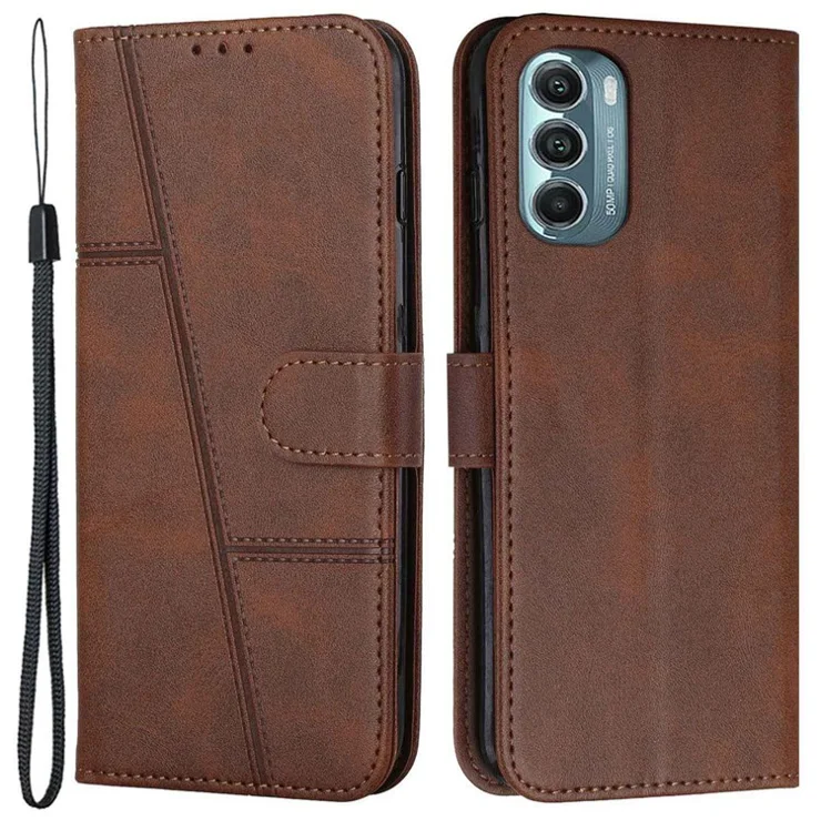 For Motorola Moto G Stylus 5G (2022) PU Leather Stitching Phone Cover Stand Feature TPU Interior Magnetic Wallet Case with Wrist Strap - Brown