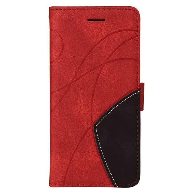 For Motorola Moto G22 Wallet Style Dual-color Splicing PU Leather Wear-resistant Cell Phone Case Stand Cover with Strap - Red