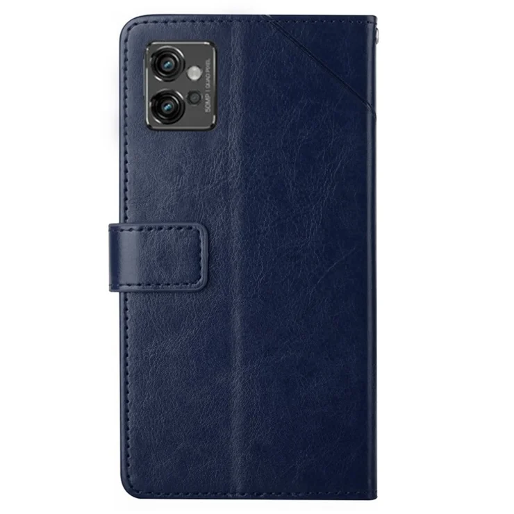 For Motorola Moto G32 4G HT01 Shockproof Imprinted Y-Shaped Lines Flip Wallet Case Anti-scratch PU Leather Soft TPU Protective Cover Stand with Strap - Blue