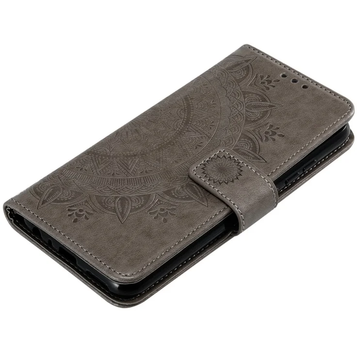 Imprint Flower Leather Wallet Case Cover for Xiaomi Redmi Note 8 - Grey