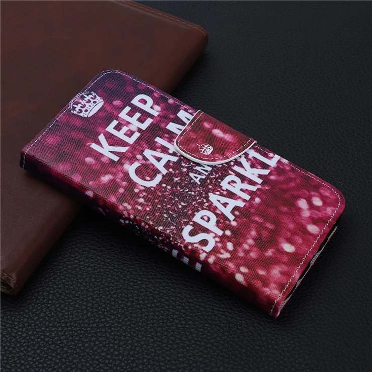 Pattern Printing Cross Texture Leather Wallet Case for Xiaomi Redmi Note 8 Pro - Quote Keep Calm and Sparkle