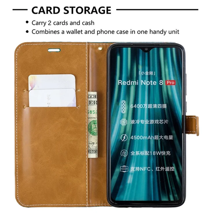 Assorted Color Jeans Cloth Leather Wallet Case for Xiaomi Redmi Note 8 Pro - Green