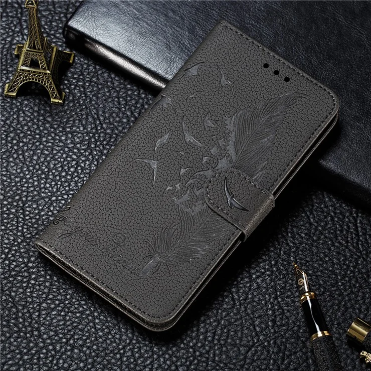 Litchi Skin Imprint Feather Leather Wallet Case for Xiaomi Redmi Note 8 - Grey