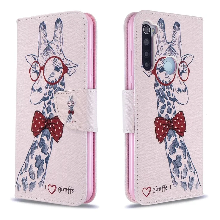 Pattern Printing Leather Wallet Case for Xiaomi Redmi Note 8T - Adorable Giraffe Wearing Glasses