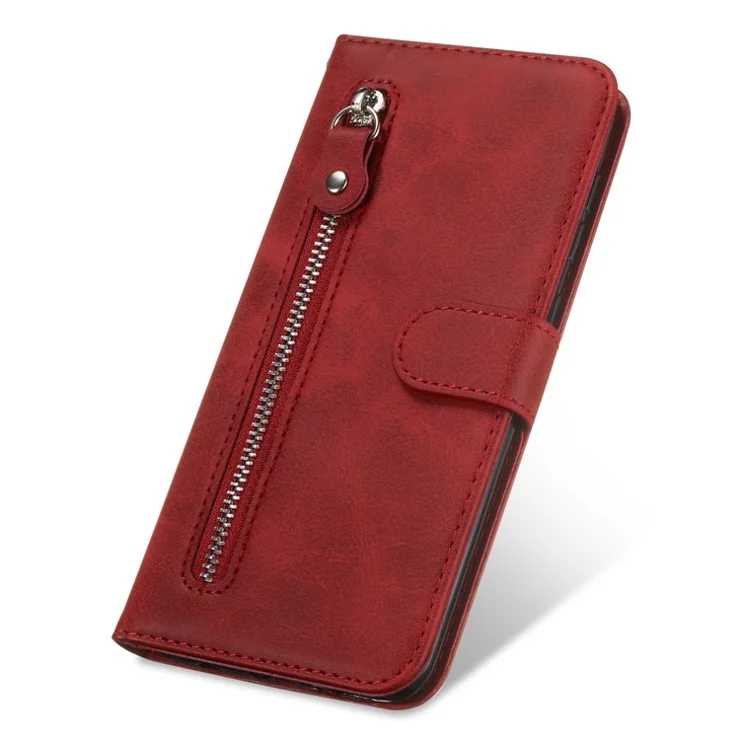 For Xiaomi Redmi Note 8T PU Leather Cases with Zipper Pocket Wallet Phone Cover Stand - Red