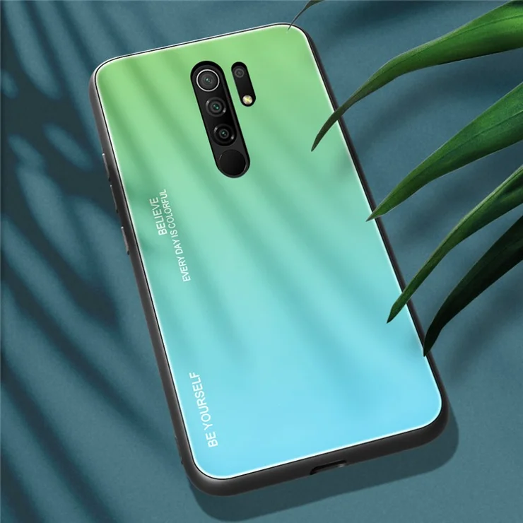Gradient Color Tempered Glass + PC + TPU Shell for Xiaomi Redmi 9 - Green/Blue