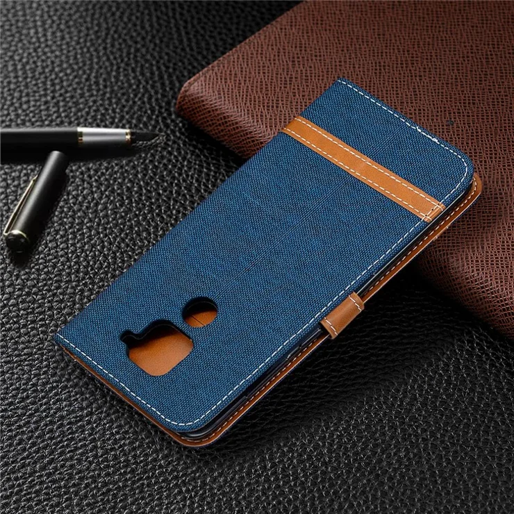 Color Splicing Jeans Cloth Skin Leather Phone Shell for Xiaomi Redmi Note 9/Redmi 10X 4G - Dark Blue
