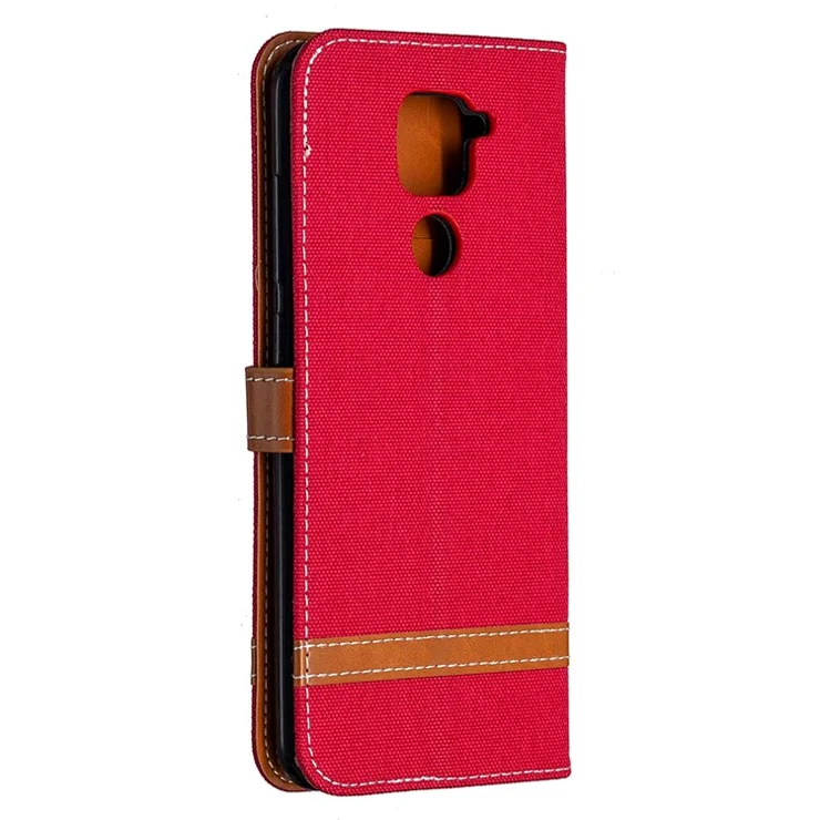Color Splicing Jeans Cloth Skin Leather Phone Shell for Xiaomi Redmi Note 9/Redmi 10X 4G - Red