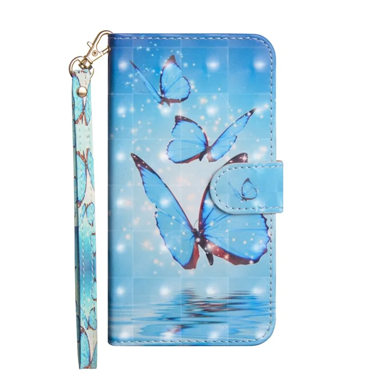 Light Spot Decor Pattern Printing Wallet Stand Leather Phone Case with Strap for Xiaomi Redmi 9 - Blue Butterfly