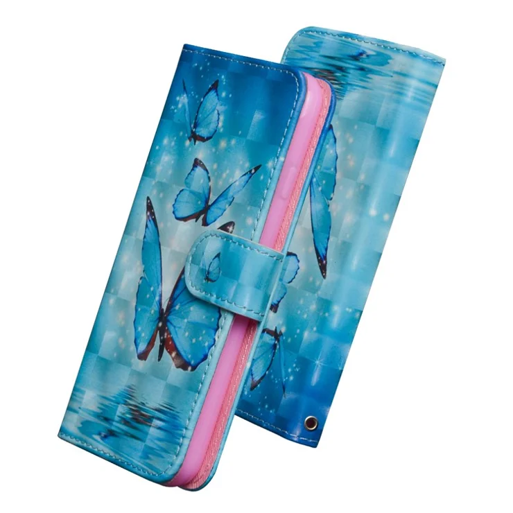 Light Spot Decor Pattern Printing Wallet Stand Leather Phone Case with Strap for Xiaomi Redmi 9 - Blue Butterfly