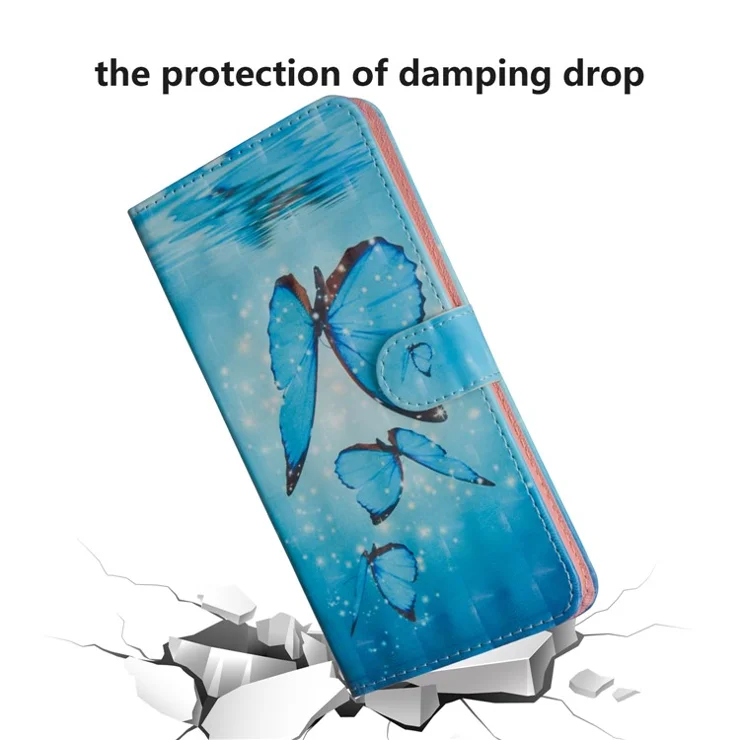 Light Spot Decor Pattern Printing Wallet Stand Leather Phone Case with Strap for Xiaomi Redmi 9 - Blue Butterfly