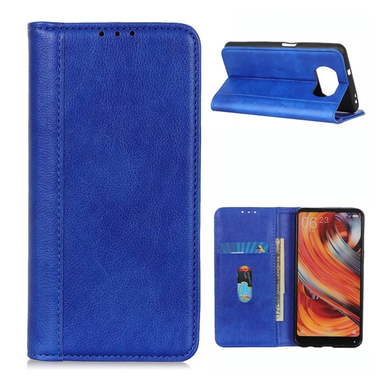 For Xiaomi Poco X3 NFC/Poco X3 Phone Case PU Leather Phone Cover Drop-proof Litchi Texture Protector with Stand Wallet - Blue