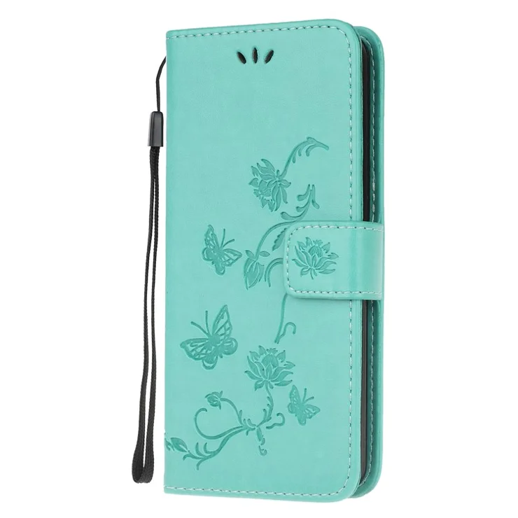 Imprint Butterfly Flower Leather Wallet Stand Phone Cover for Xiaomi Poco M5s 4G / Redmi Note 10 4G / Note 10S 4G - Cyan
