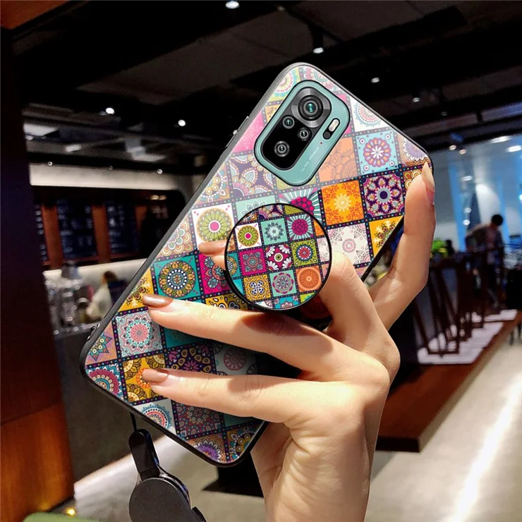 Colorful Flower Print Glass Hybrid Phone Case Protector with Lanyard for Xiaomi Poco M5s 4G / Redmi Note 10 4G / Note 10S 4G - Color Pattern