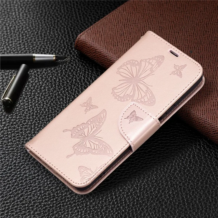Imprint Butterfly Stand Leather Wallet Phone Case for Xiaomi Redmi Note 10S / Poco M5s 4G / Note 10 4G - Pink