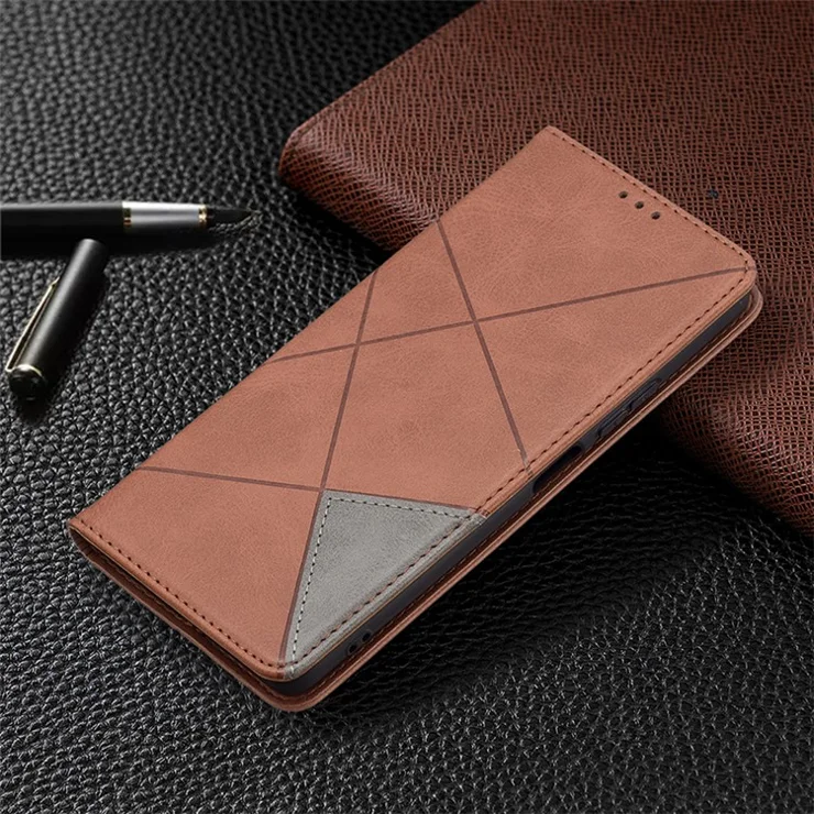 Geometric Pattern Stand Leather Card Holder Cover for Xiaomi Redmi Note 10 Pro Max / Redmi Note 10 Pro - Brown