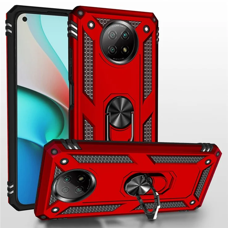Hybrid PC + TPU Phone Case Shell Anti-Fall Finger Ring Kickstand for Xiaomi Redmi Note 9 5G / Redmi Note 9T 5G - Red