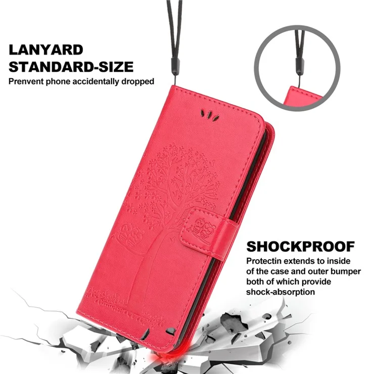 Imprint Tree Owl Pattern Wallet Leather Full Body Case for Xiaomi Mi 11 Lite 4G / 5G / 11 Lite 5G NE - Red