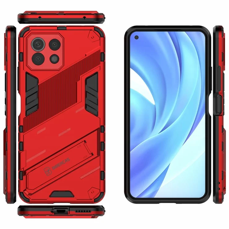 Foldable Kickstand Shockproof PC + TPU Hybrid Phone Case Cover for Xiaomi Mi 11 Lite 4G / 5G / 11 Lite 5G NE - Red