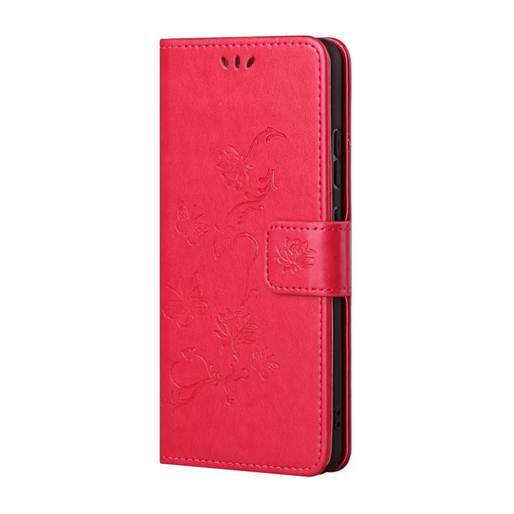 Imprint Butterfly Flower Leather Wallet Stand Case Cover for Xiaomi Redmi Note 10 5G/Poco M3 Pro 5G/4G - Red