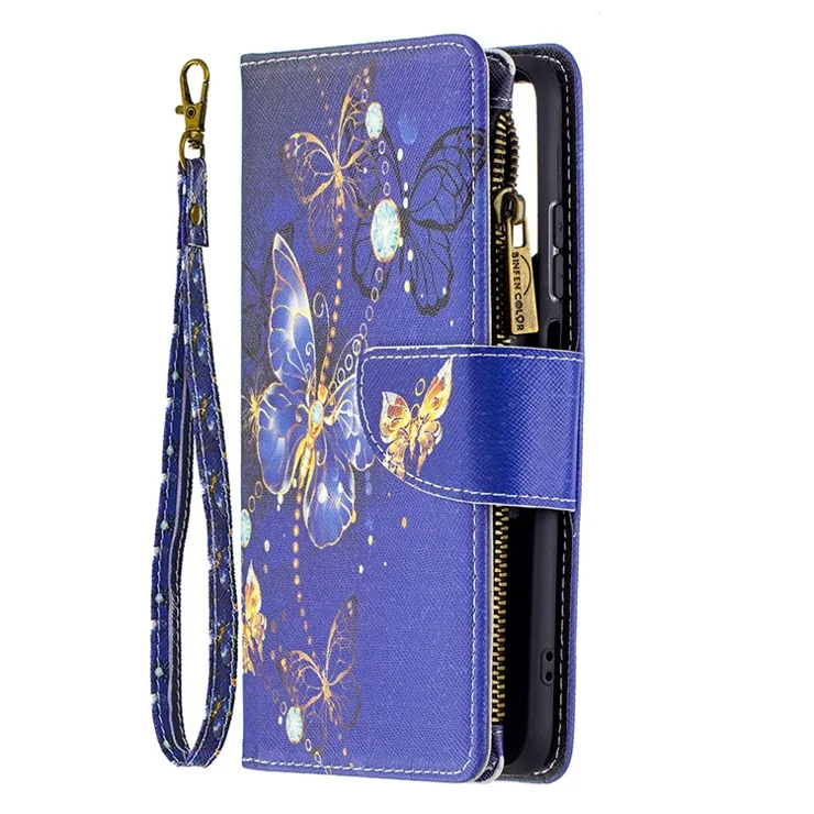 For Xiaomi Redmi Note 10 4G / Redmi Note 10S 4G / Poco M5s 4G BF03 Pattern Printing Zipper Wallet Leather Cover Case - Dark Blue Butterfly
