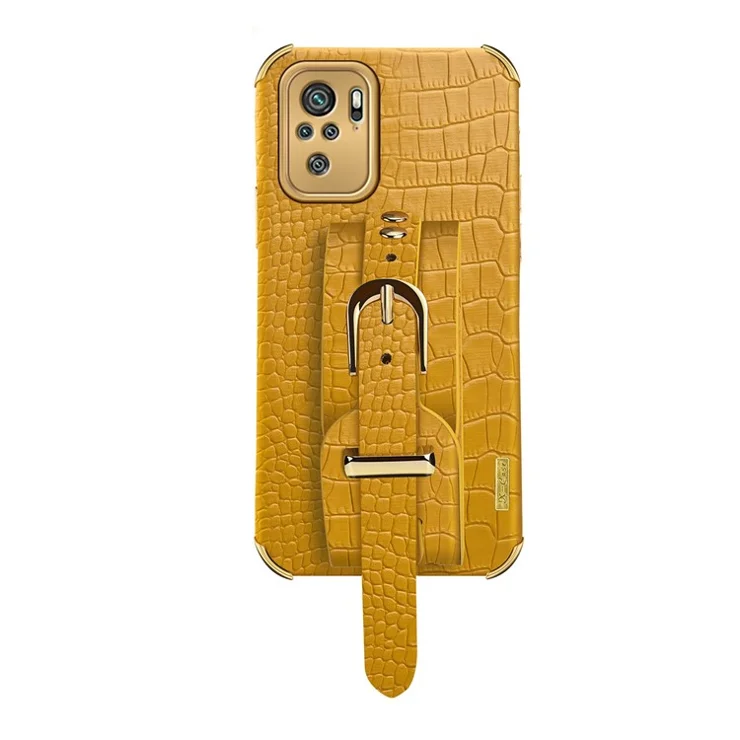 6D Electroplated Wrist Strap Design Crocodile Texture PU Leather Coated TPU Hybrid Phone Cover Case for Xiaomi Redmi Note 10 4G / Note 10S / Poco M5s 4G - Orange