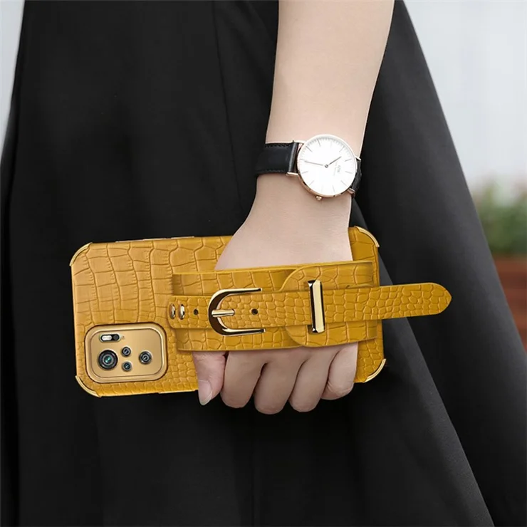 6D Electroplated Wrist Strap Design Crocodile Texture PU Leather Coated TPU Hybrid Phone Cover Case for Xiaomi Redmi Note 10 4G / Note 10S / Poco M5s 4G - Orange