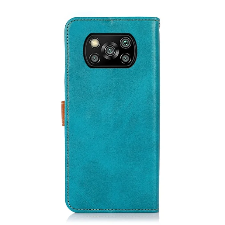 KHAZNEH Golden Magnetic Clasp Design Dual Color Leather Wallet Phone Case with Stand for Xiaomi Poco X3/Poco X3 Pro/Poco X3 NFC - Blue