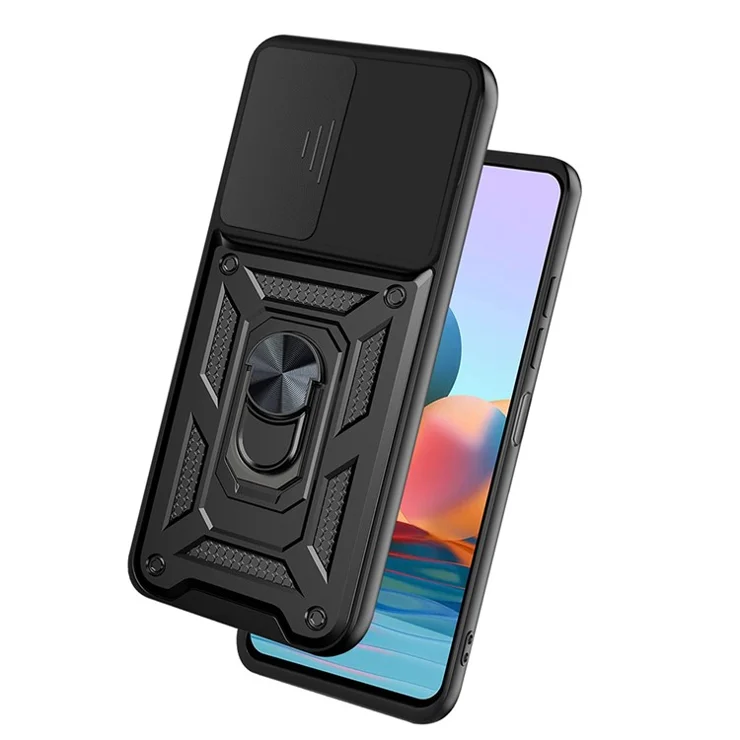 Shockproof Camera Slide Phone Hybrid Case Cover with Kickstand Ring Holder for Xiaomi Redmi Note 10 Pro 4G (Global) / Note 10 Pro 4G (India) - Rose Gold