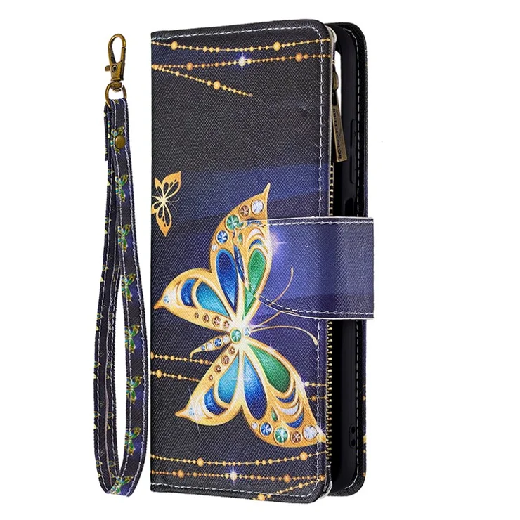 Pattern Printing Zipper Wallet Case Cover with Strap for Xiaomi Redmi Note 10 5G / Poco M3 Pro 5G / 4G - Jewelry Butterfly