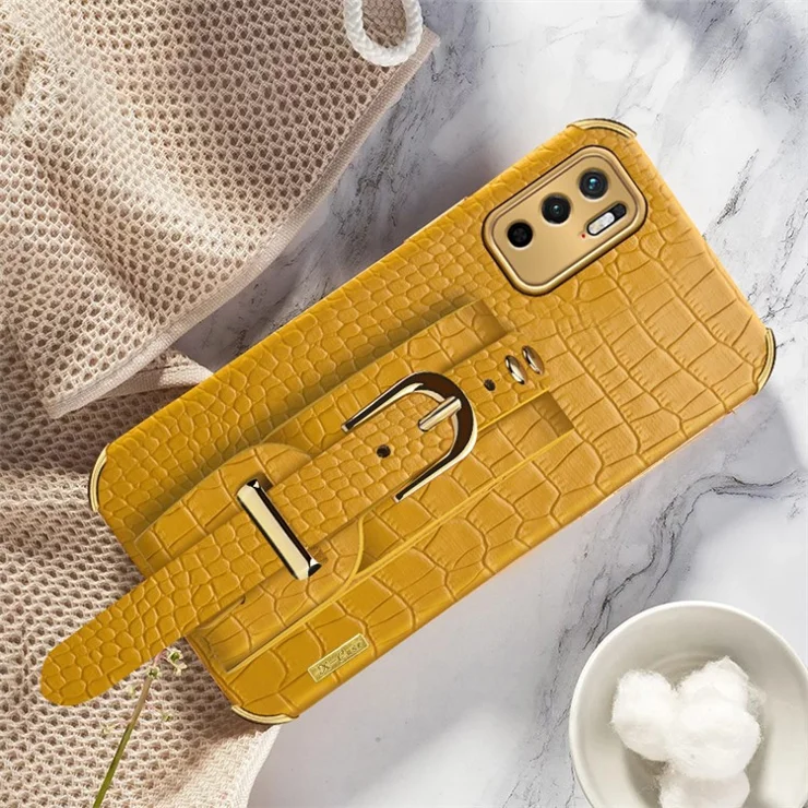 Precise Cut-Out 6D Crocodile Texture PU Leather Coated TPU Electroplated Phone Case for Xiaomi Redmi Note 10 5G/Poco M3 Pro 4G/Poco M3 Pro 5G - Yellow