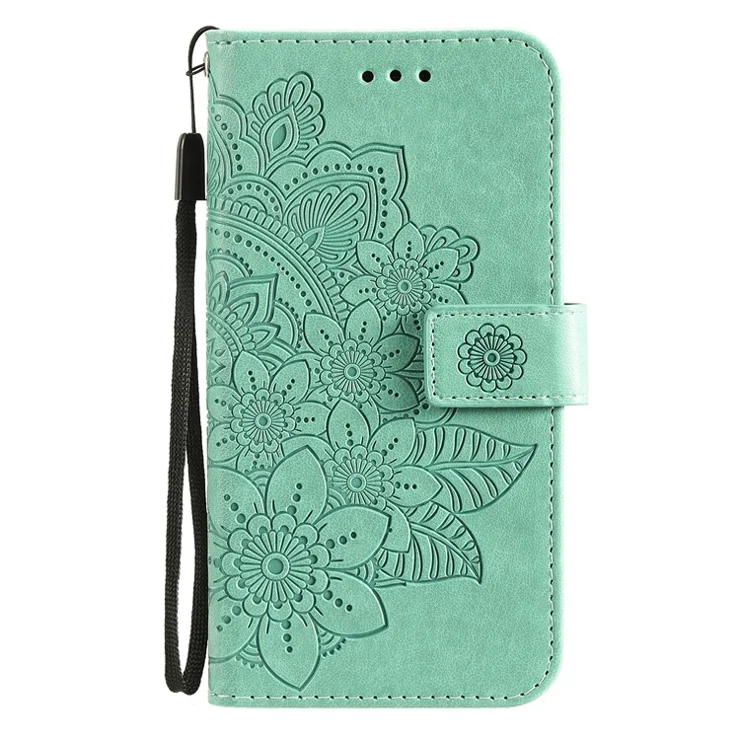 PU Leather Imprint Flowers Pattern Wallet Phone Case with Lanyard for Xiaomi Redmi Note 10 5G / Poco M3 Pro 5G - Green